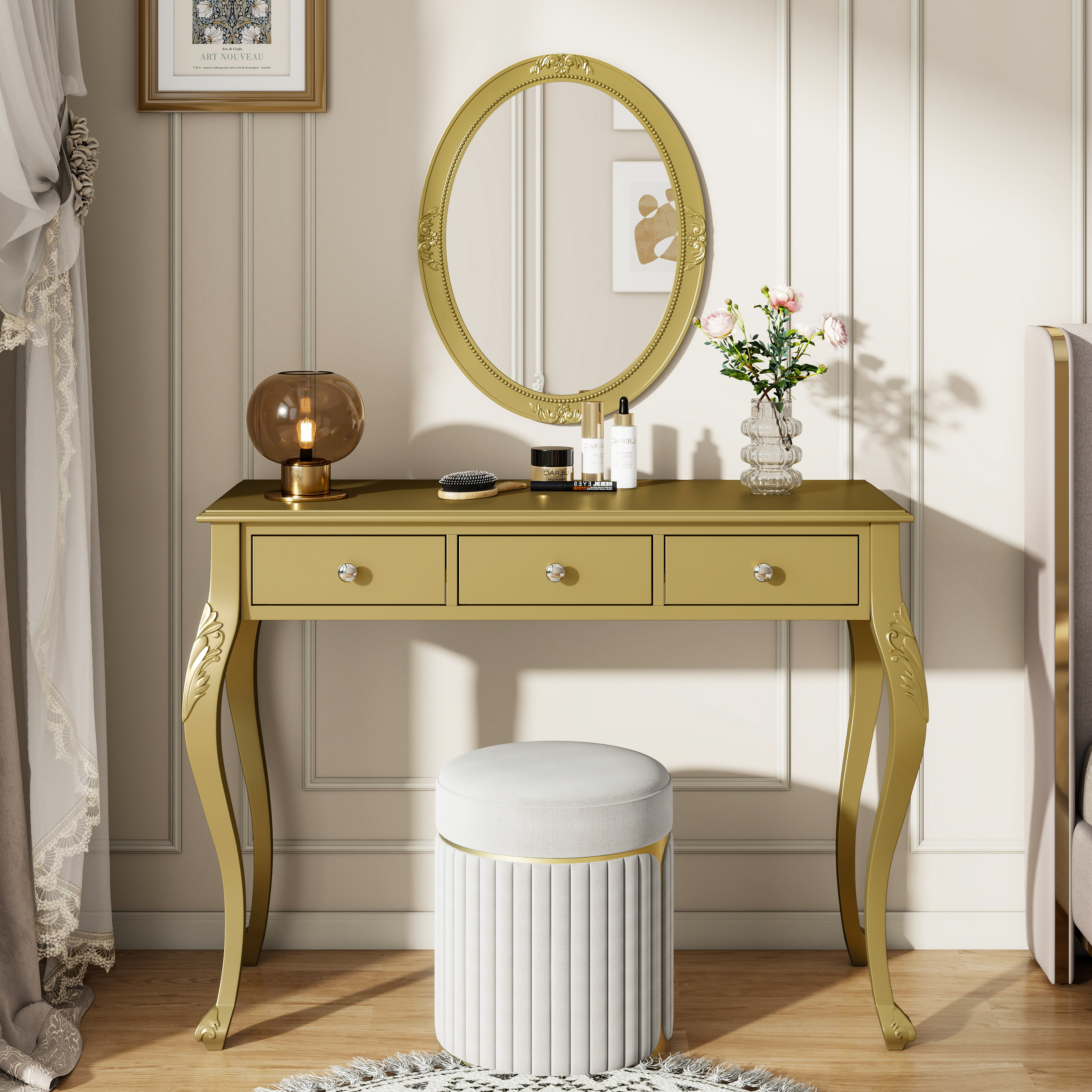 House of Hampton® Gold Luxury Makeup Vanity Desk with Oval Mirror 3
